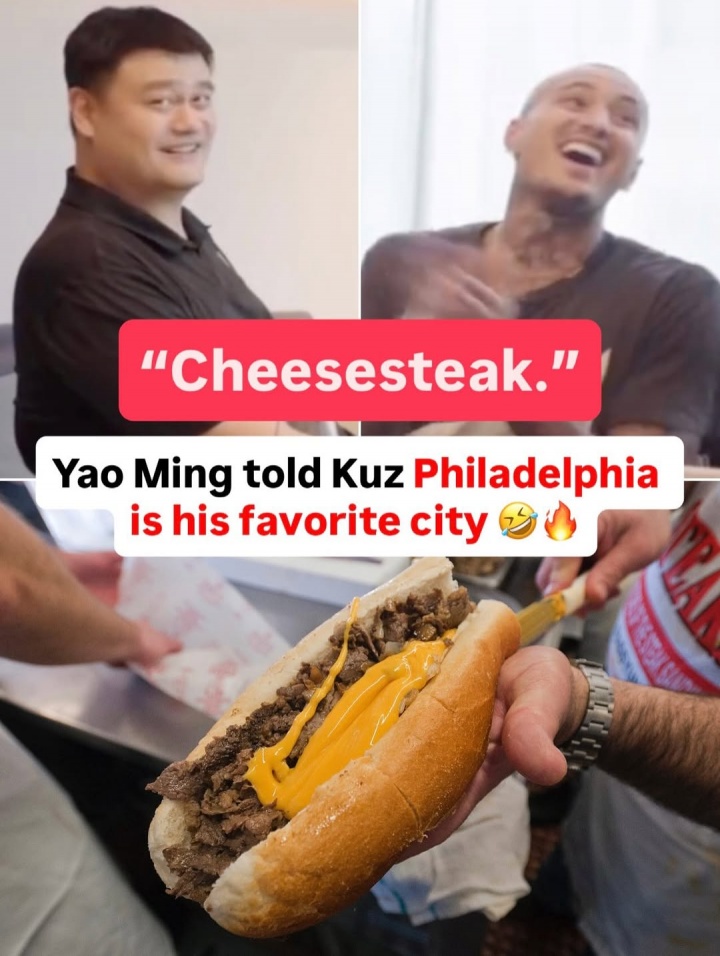 库兹马：最喜欢的美国城市？姚明：费城 因为牛肉奶酪三明治🥪